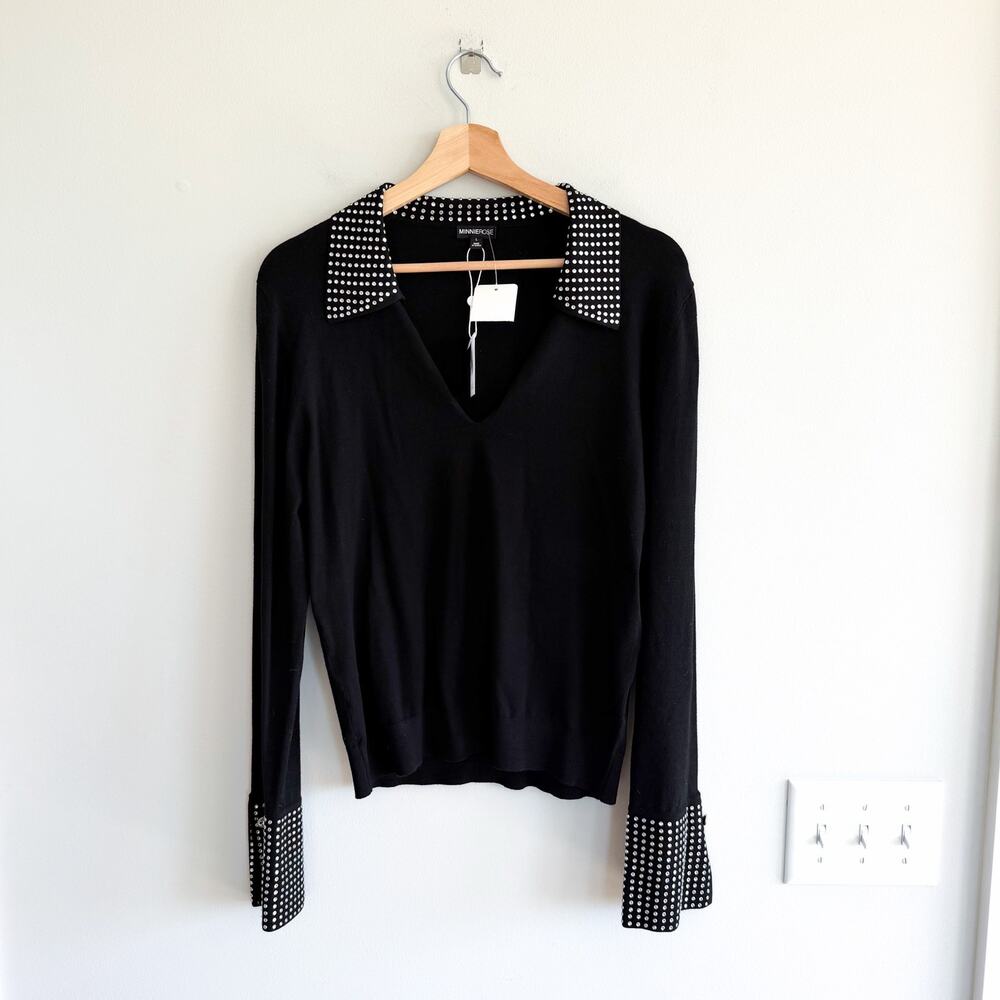 Minnie Rose Rhinestone Stud Embellished Bell Sleeve Sweater Black L NWT